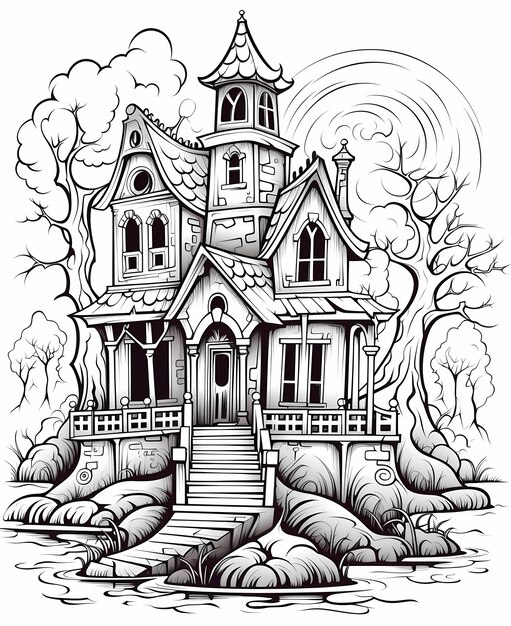 Premium ai image coloring book pages for kids ghostly house by the foggy lake