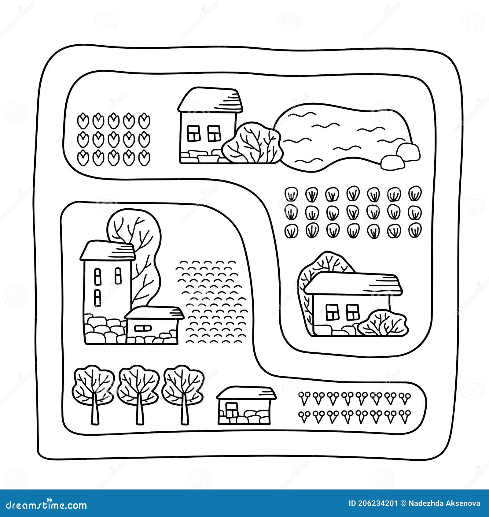 Coloring book for kids rural landscape with cute houses trees plants and a lake hand drawn vector illustration stock illustration