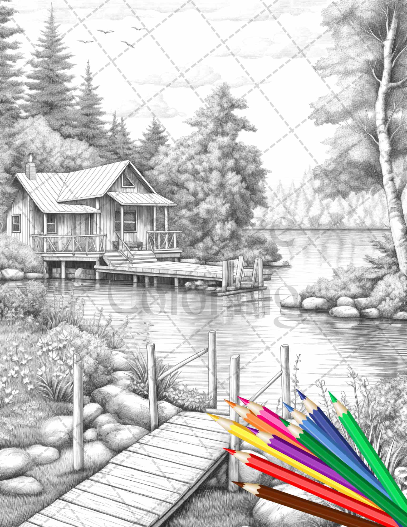Lake cabin scenery grayscale coloring pages printable for adults pdf â coloring
