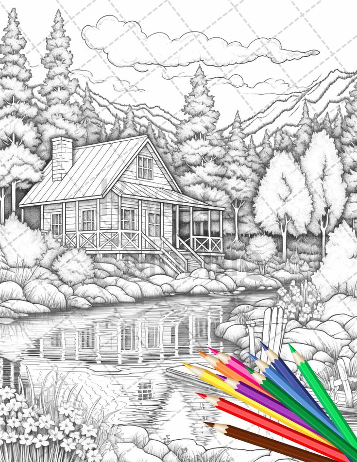 Lake cabin scenery grayscale coloring pages printable for adults pdf grayscale coloring grayscale coloring pages