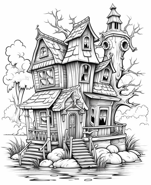 Premium ai image coloring book pages for kids ghostly house by the foggy lake