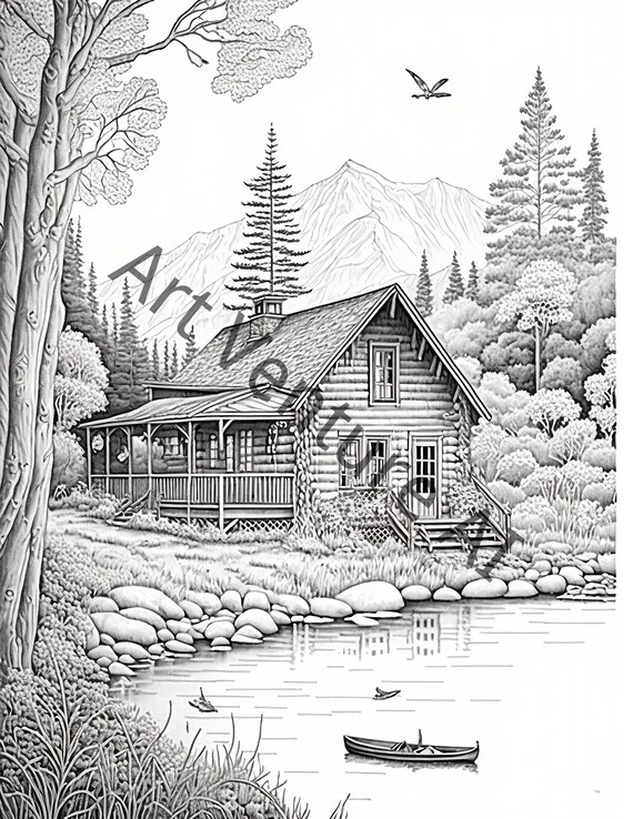 Grayscale wilderness cabin coloring book for adult printable adult coloring pages download grayscale illustration printable pdf ai