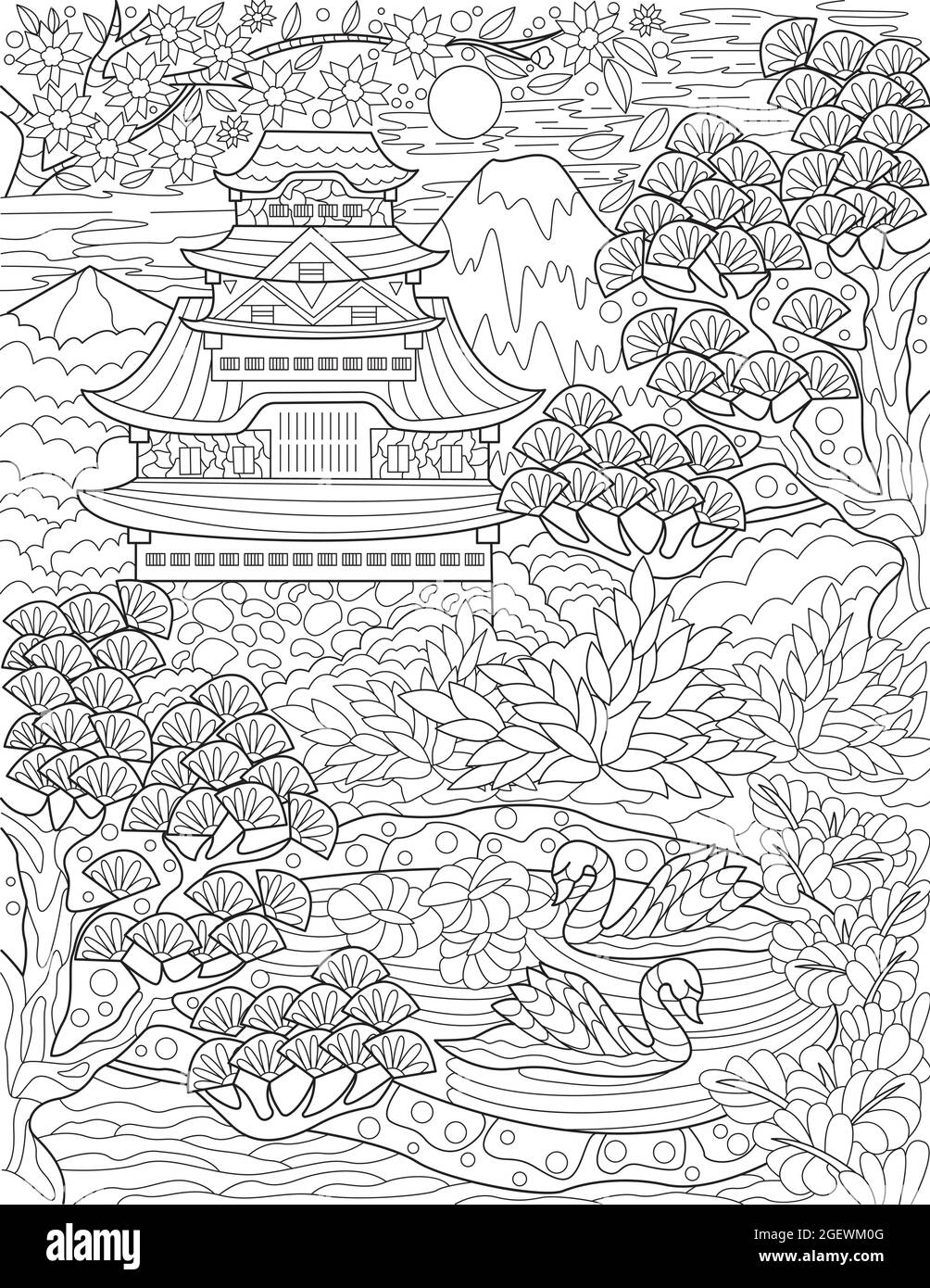 Traditional japanese house beside a lake with swans and trees colorless line drawing old asian house surrounded by tree pond coloring book page stock vector image art