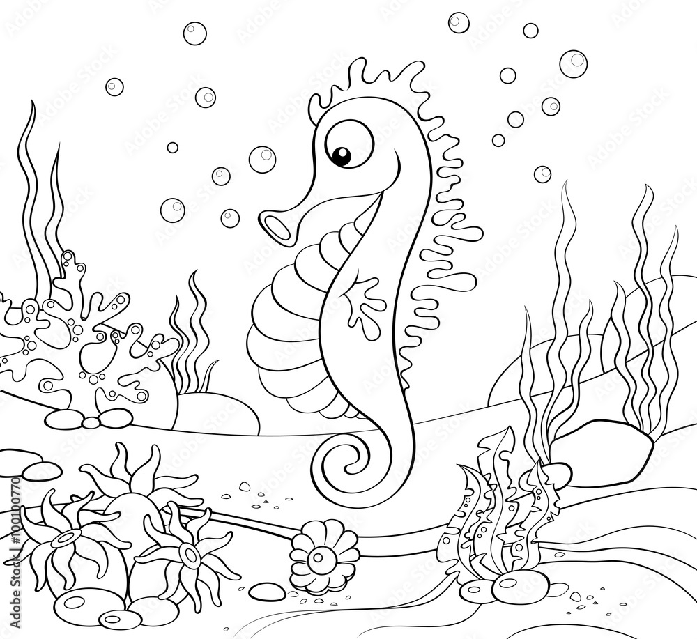 Seahorse underwater world black and white illustration for coloring book vector