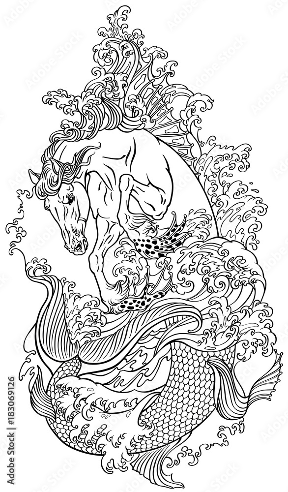 Mythological sea horse hippocampus or hippocamp in the water outline vector illustration coloring page vector