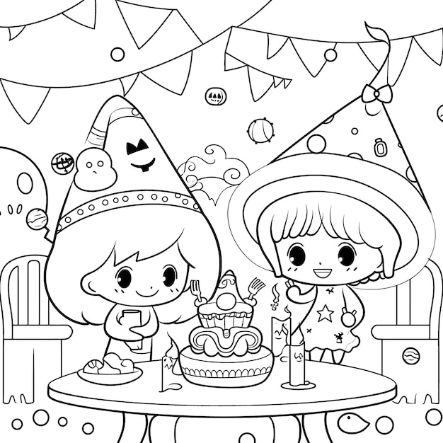 Premium vector halloween party for kids black and white coloring page for kids and adults line art simple cartoon style happy cute and funny