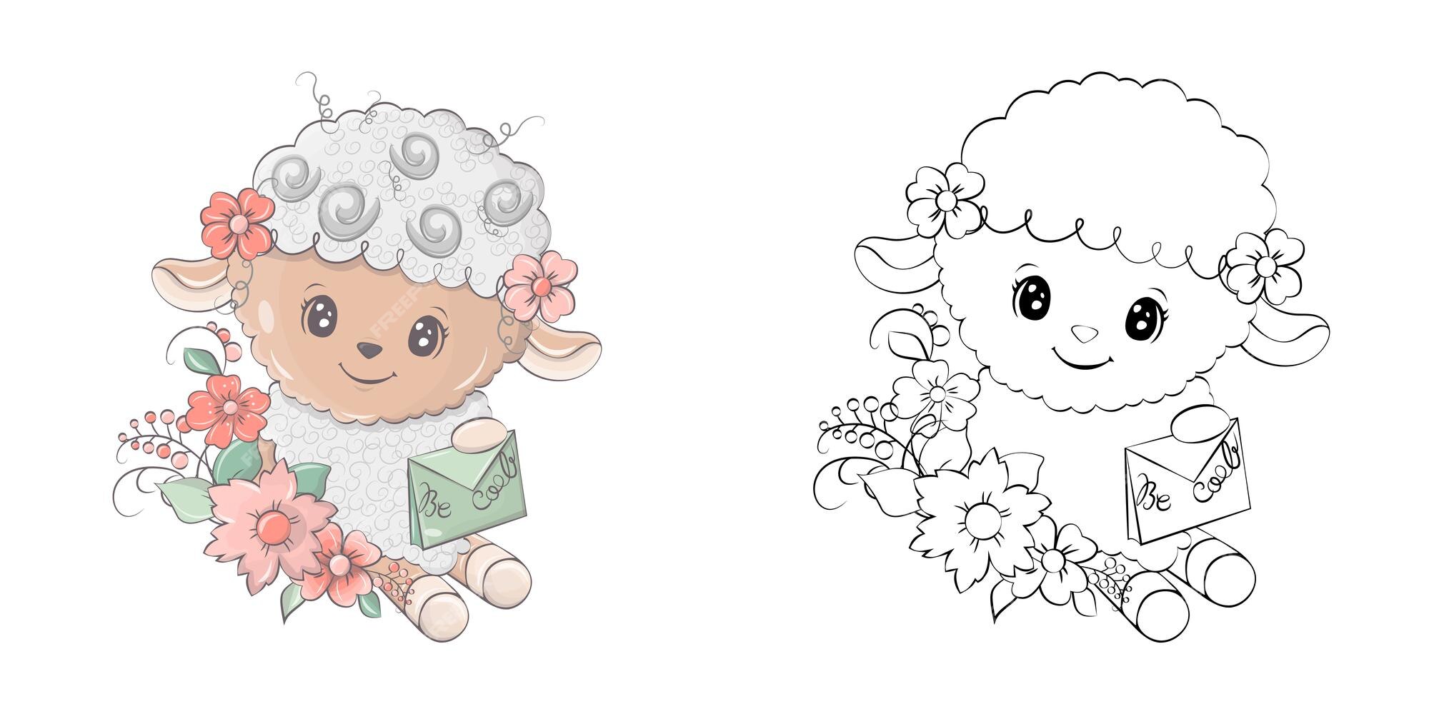 Premium vector cute sheep clipart for coloring page and illustration happy illustration lamb with flowers