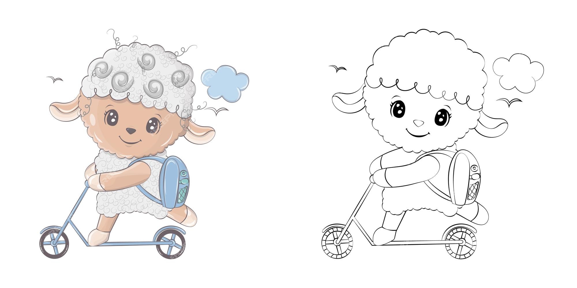 Premium vector sheep clipart for coloring page and multicolored illustration adorable clip art lamb on a scooter