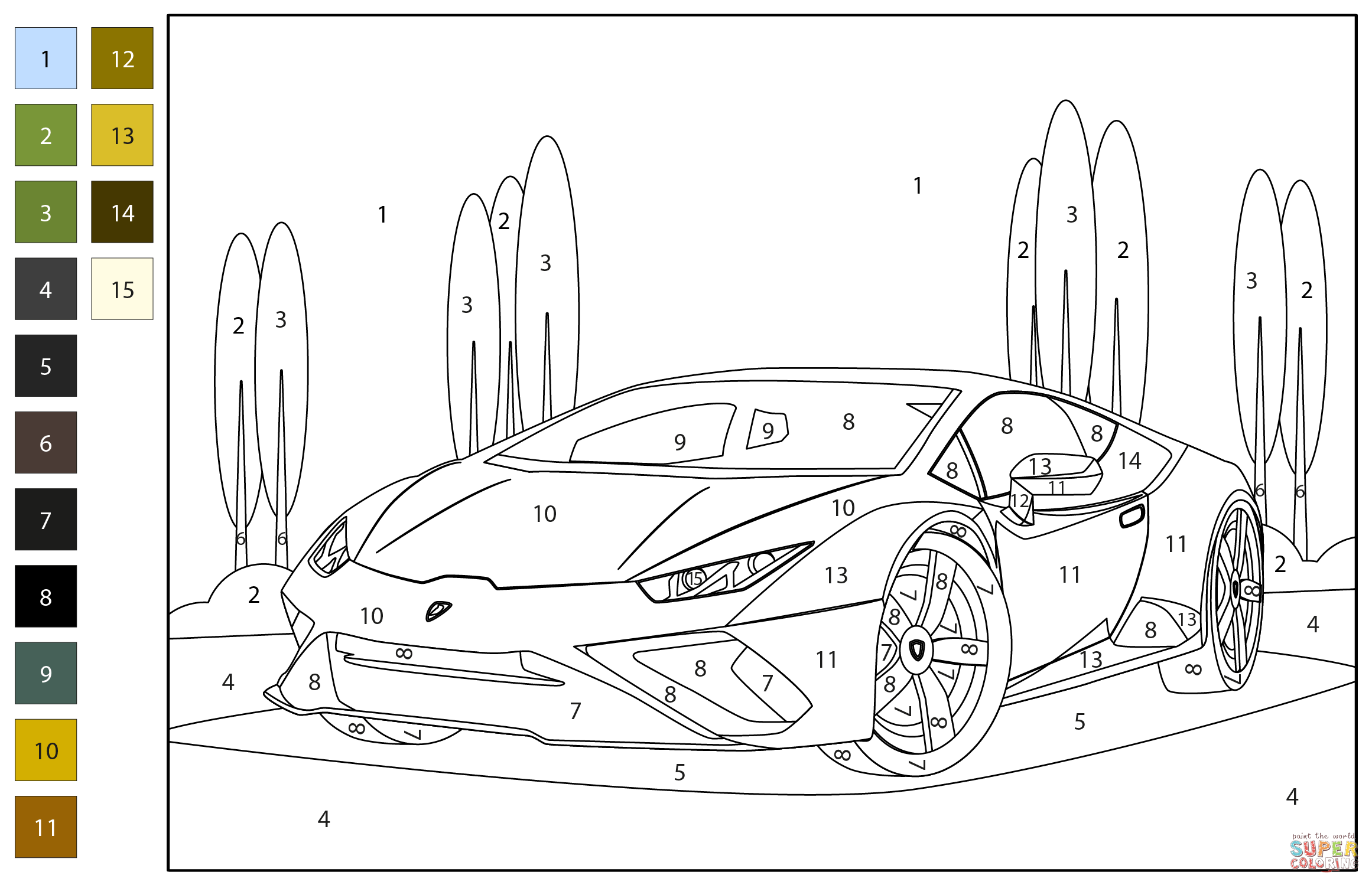 Lamborghini huracan color by number coloring page free printable coloring pages