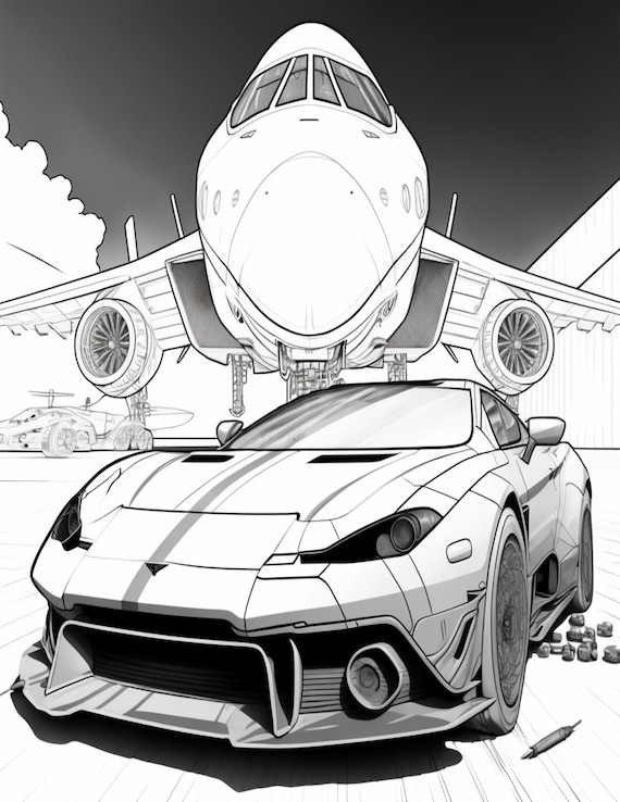 Adult car plane coloring pages race cars printable book fantasy luxury cars digital download not a physical product