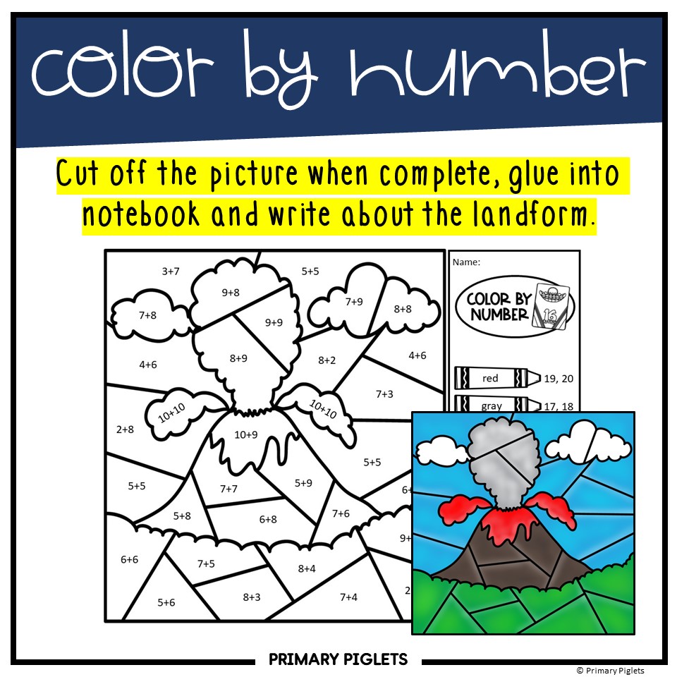 Landforms color by number code addition to and coloring pages