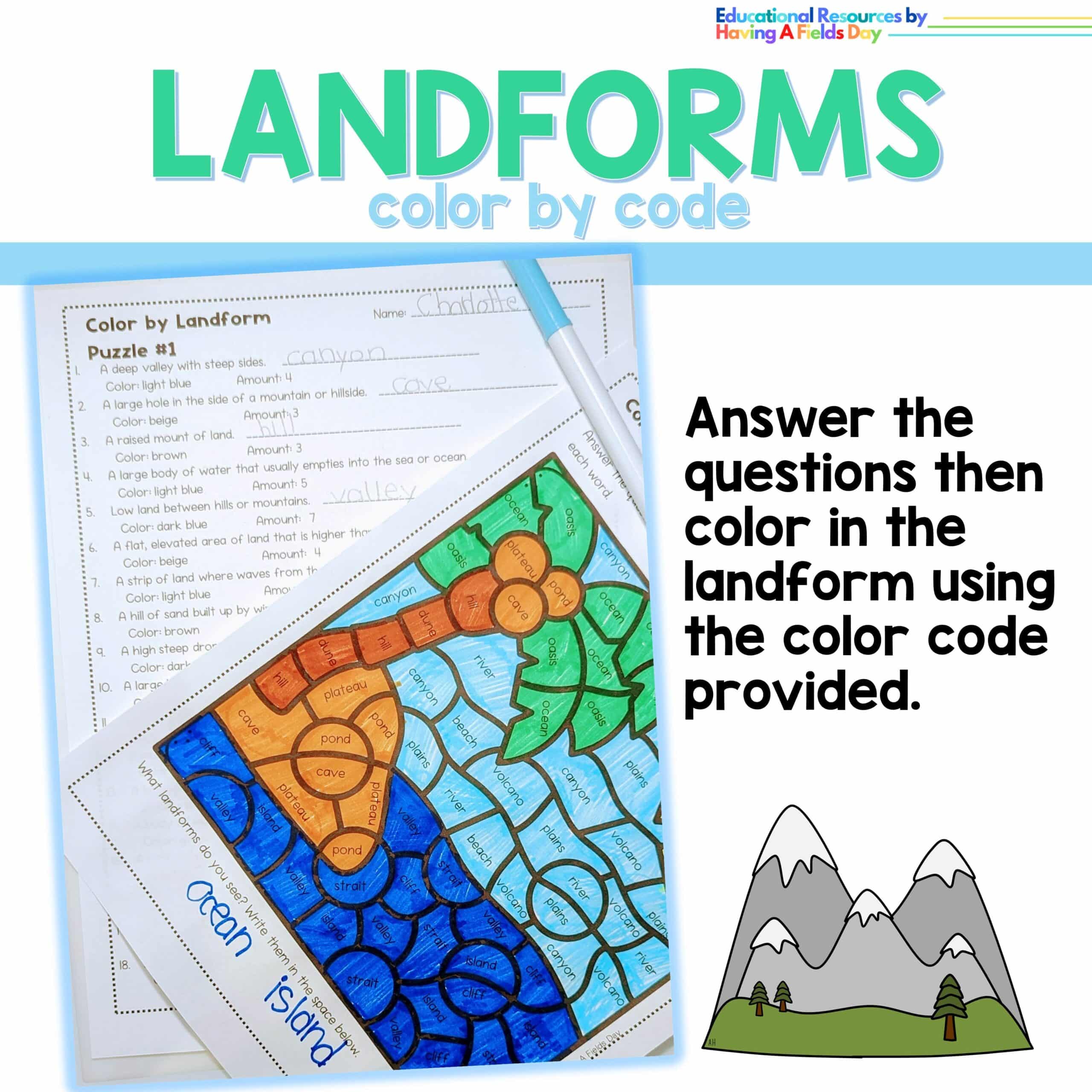 Landforms color by code color by number