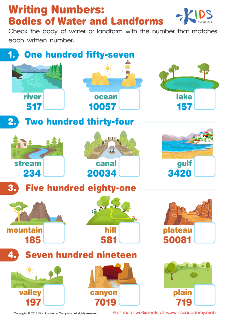 Bodies of water and landforms writing numbers worksheet free pdf printout for kids