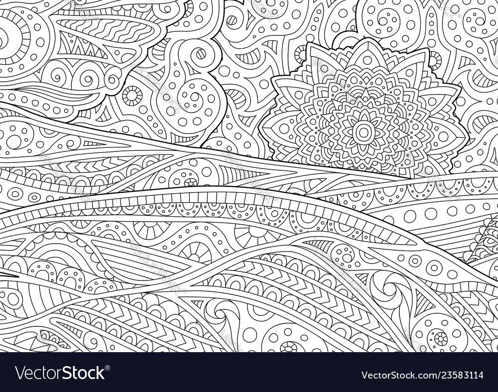 Adult coloring book page with stylized landscape vector image