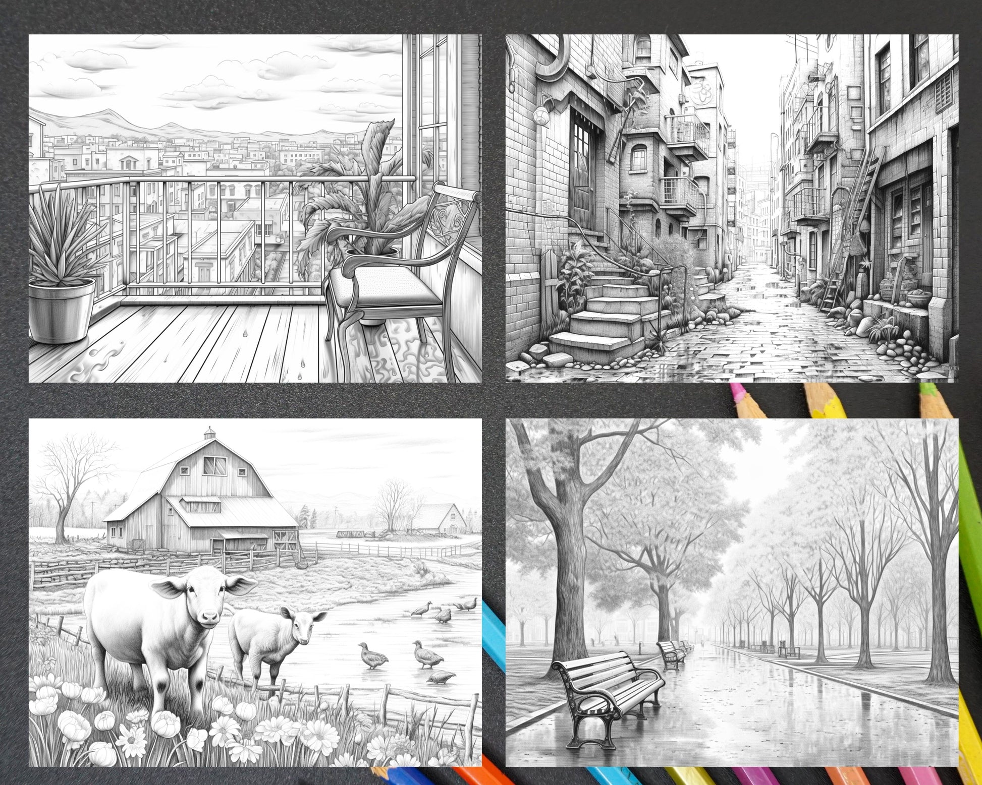 Spring rainy day landscapes grayscale adult coloring pages printab â coloring