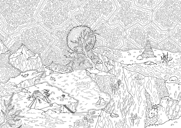 Premium vector beautiful linear vector illustration for adult coloring book with detailed fantasy landscape