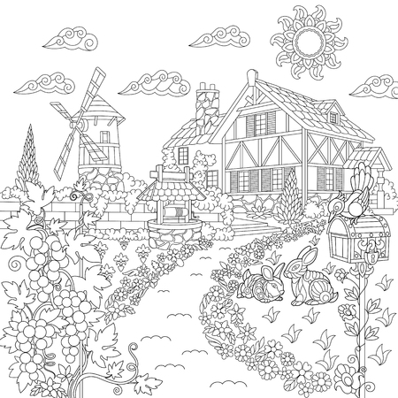 Coloring book page of rural landscape farm house windmill water well mail box rabbits bird grape vines freehand drawing for adult antistress colouring with doodle and zentangle elements