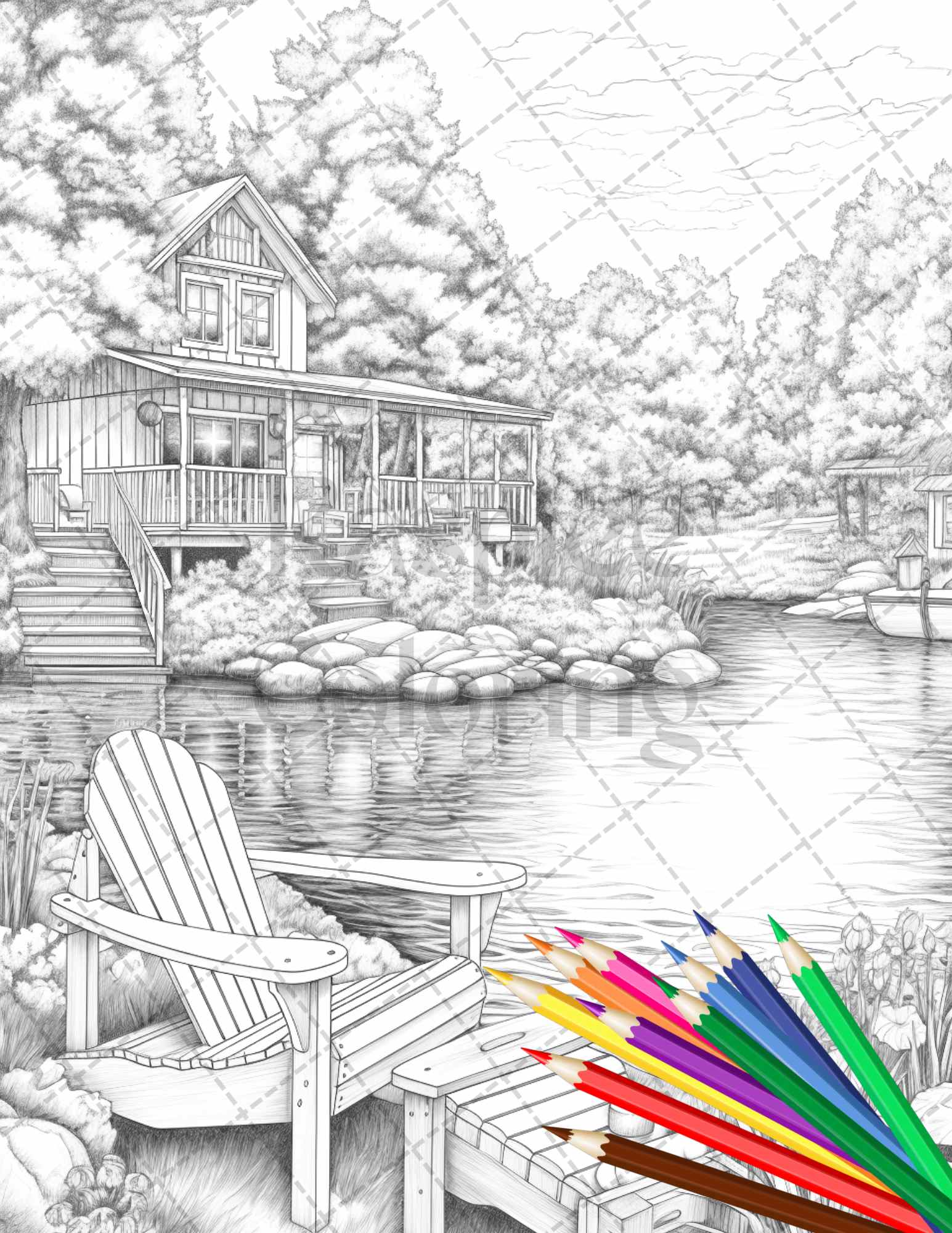 Lake cabin scenery grayscale coloring pages printable for adults pdf â coloring