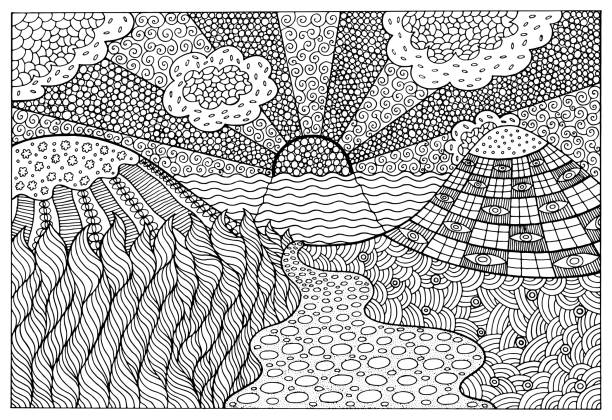 Doodle surreal landscape coloring page for adults fantastic graphic artwork vector illustration stock illustration