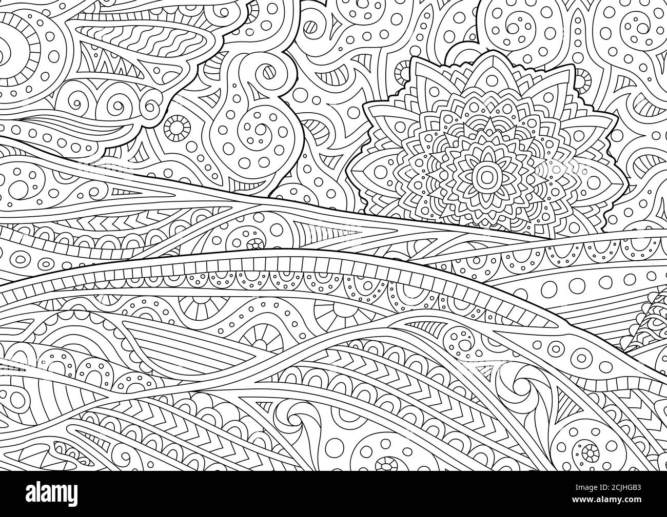 Beautiful adult coloring book page with stylized landscape stock vector image art