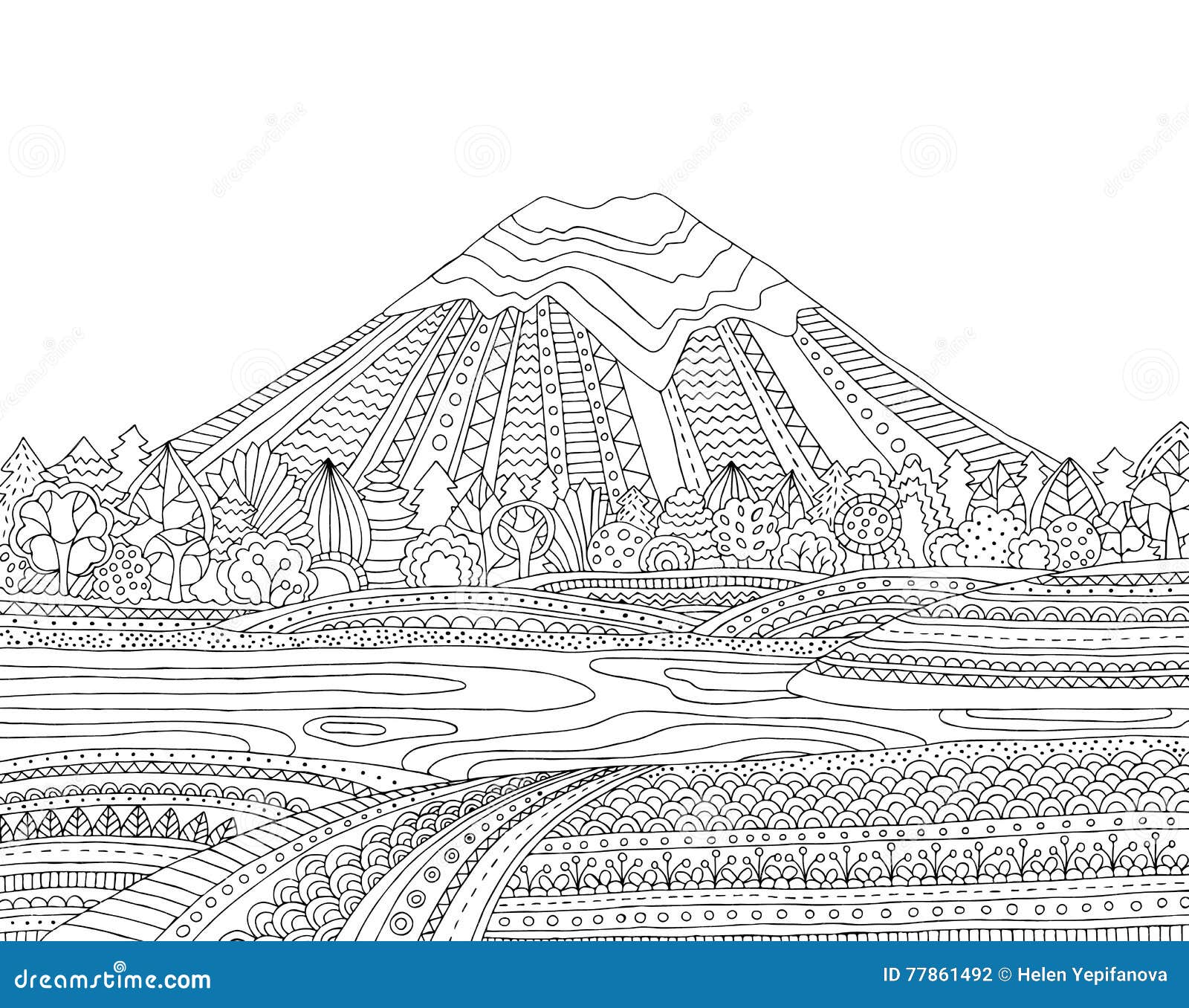 Printable coloring page for adults with mountain landscape lake flower meadow forest trees hand drawn vector stock vector