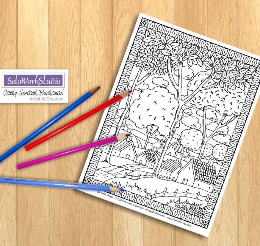 Village trees folk art landscape coloring page pdf download printable â soloworkstudio