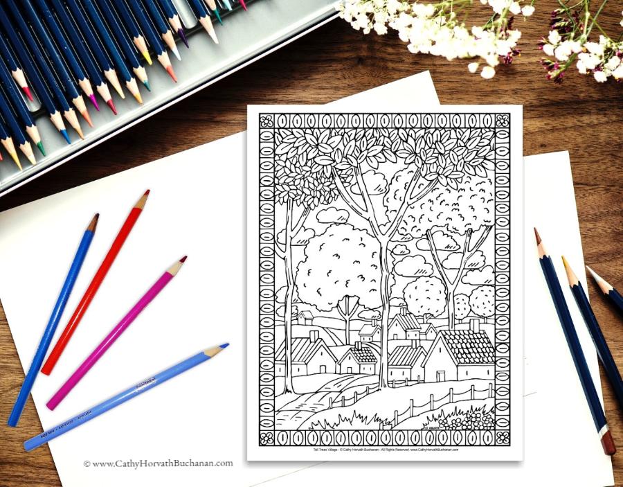 Folk art town country landscape coloring pages pack printable pdf â soloworkstudio