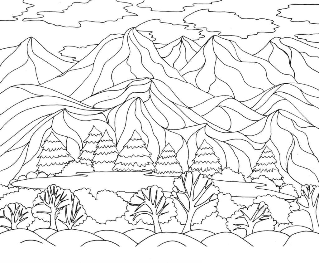 Amazing landscape with mountains coloring page