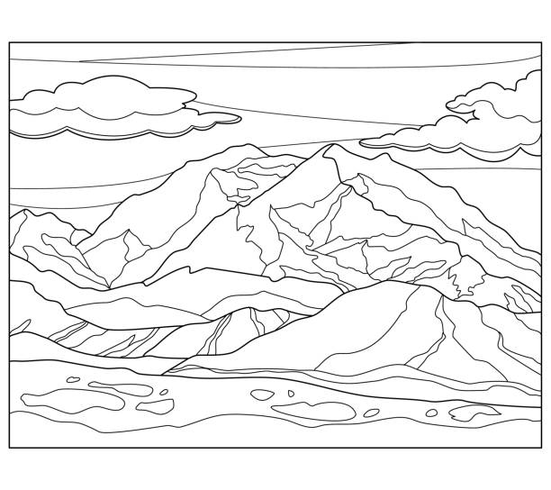 Mountains lake and trees scenery coloring book antistress for children and adults landscape for coloring mountains and wood traveling theme stock illustration