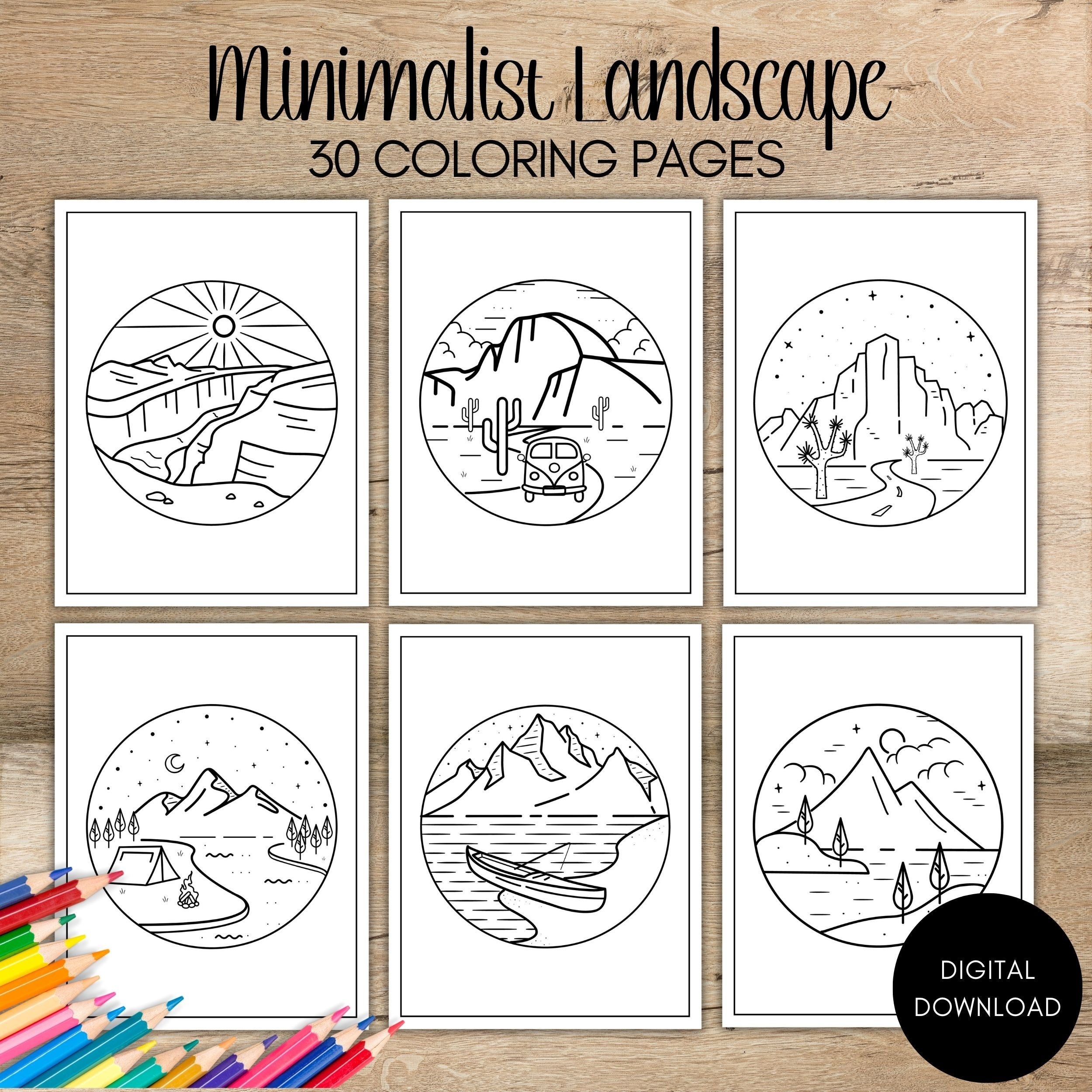 Landscape coloring pages minimalist scenery coloring adult printable coloring book mountain coloring pages printable minimalist coloring instant download