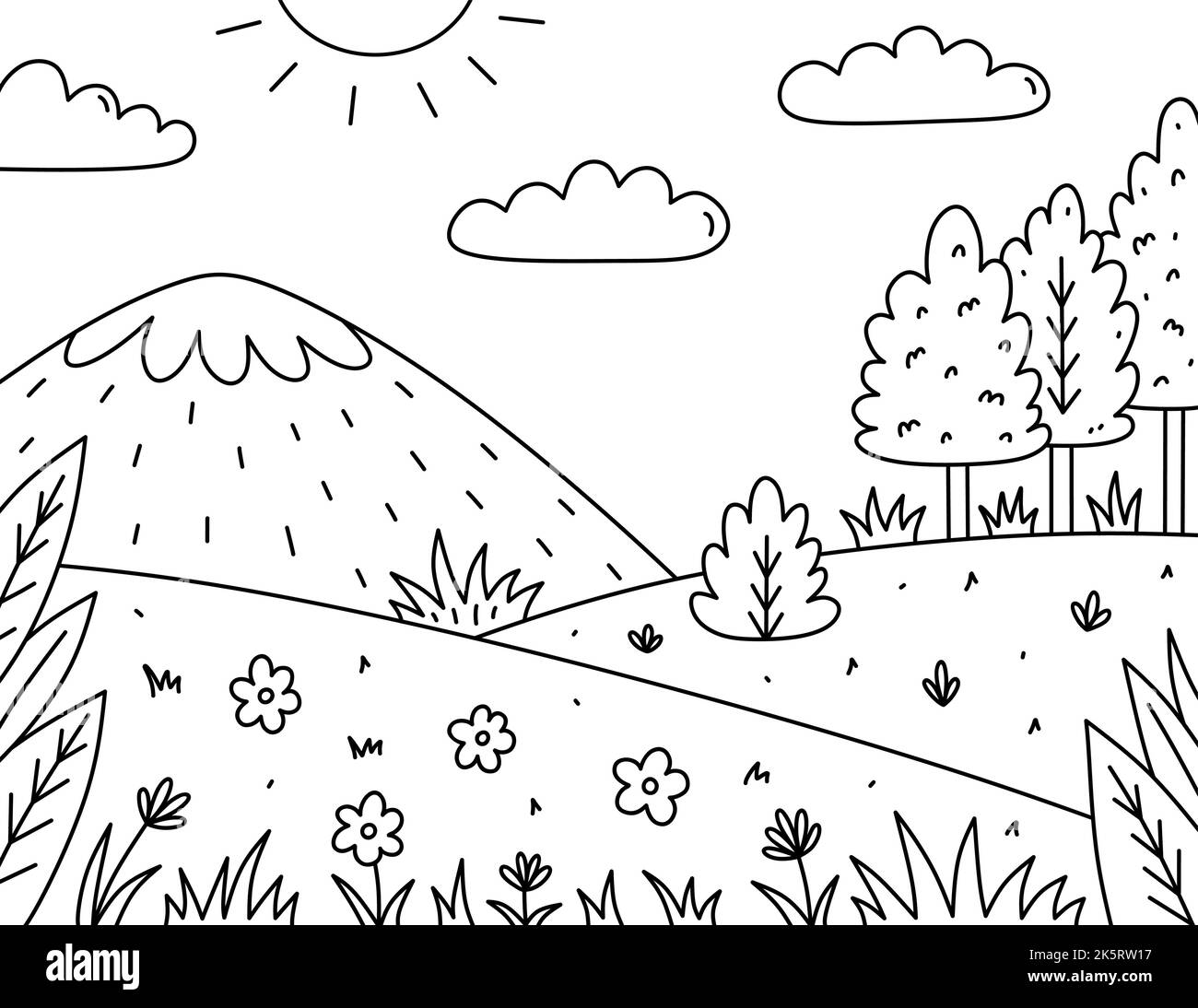 Cute kids coloring page landscape with sun clouds mountains field trees bushes and flowers vector hand