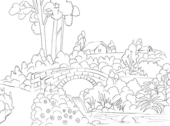 Coloring pages landscape pencil drawing drawing color instant download