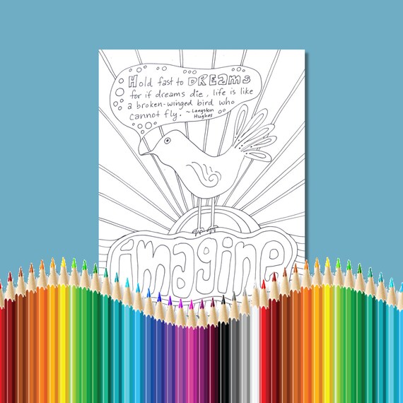 Coloring pages for adults dream bird langston hughes quote dream instant download