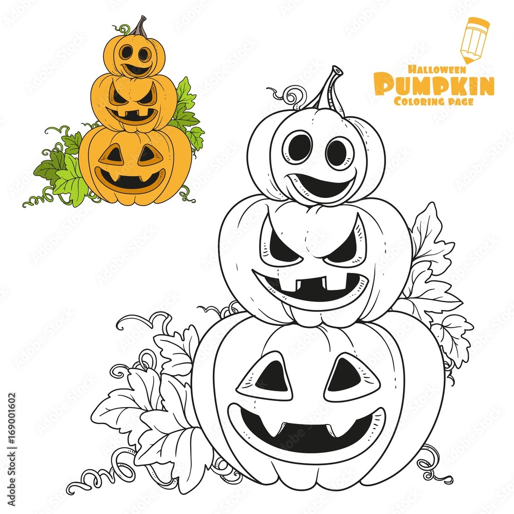 Three lantern from pumpkins with the cut out of a grin stand one on another color and outlined for coloring page vector
