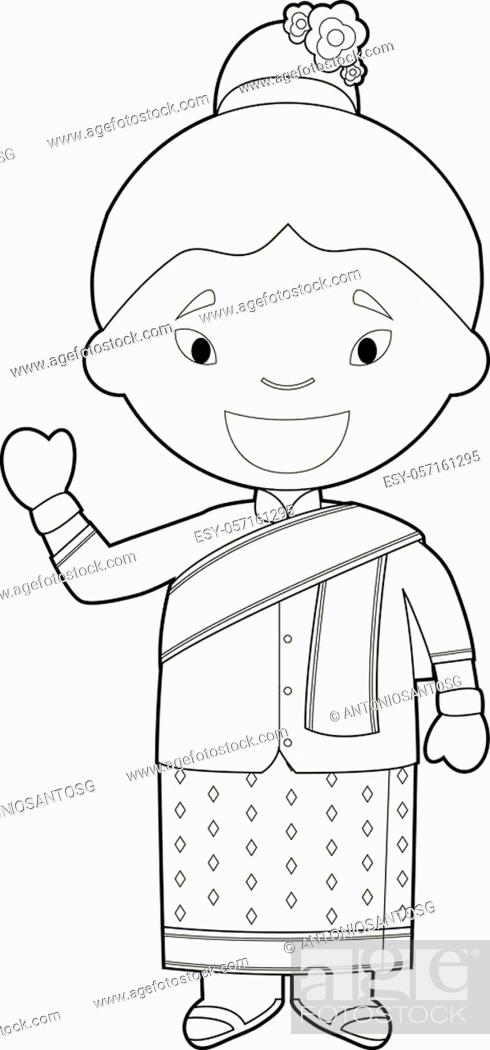 Easy coloring cartoon character from laos dressed in the traditional way vector illustration stock vector vector and low budget royalty free image pic esy