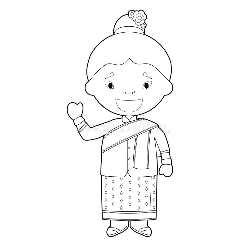 Easy coloring cartoon character from laos dressed in the traditional way vector illustration stock vector