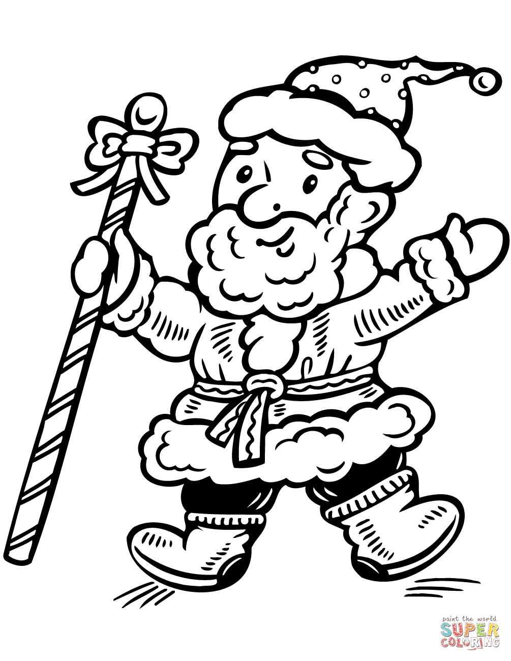 Santa holding a big candy cane coloring page free printable coloring pages