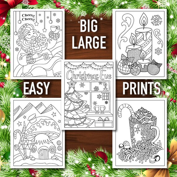 Christmas coloring book easy lage prints printable pages for stress relieving for relaxation instant download pdf instant download