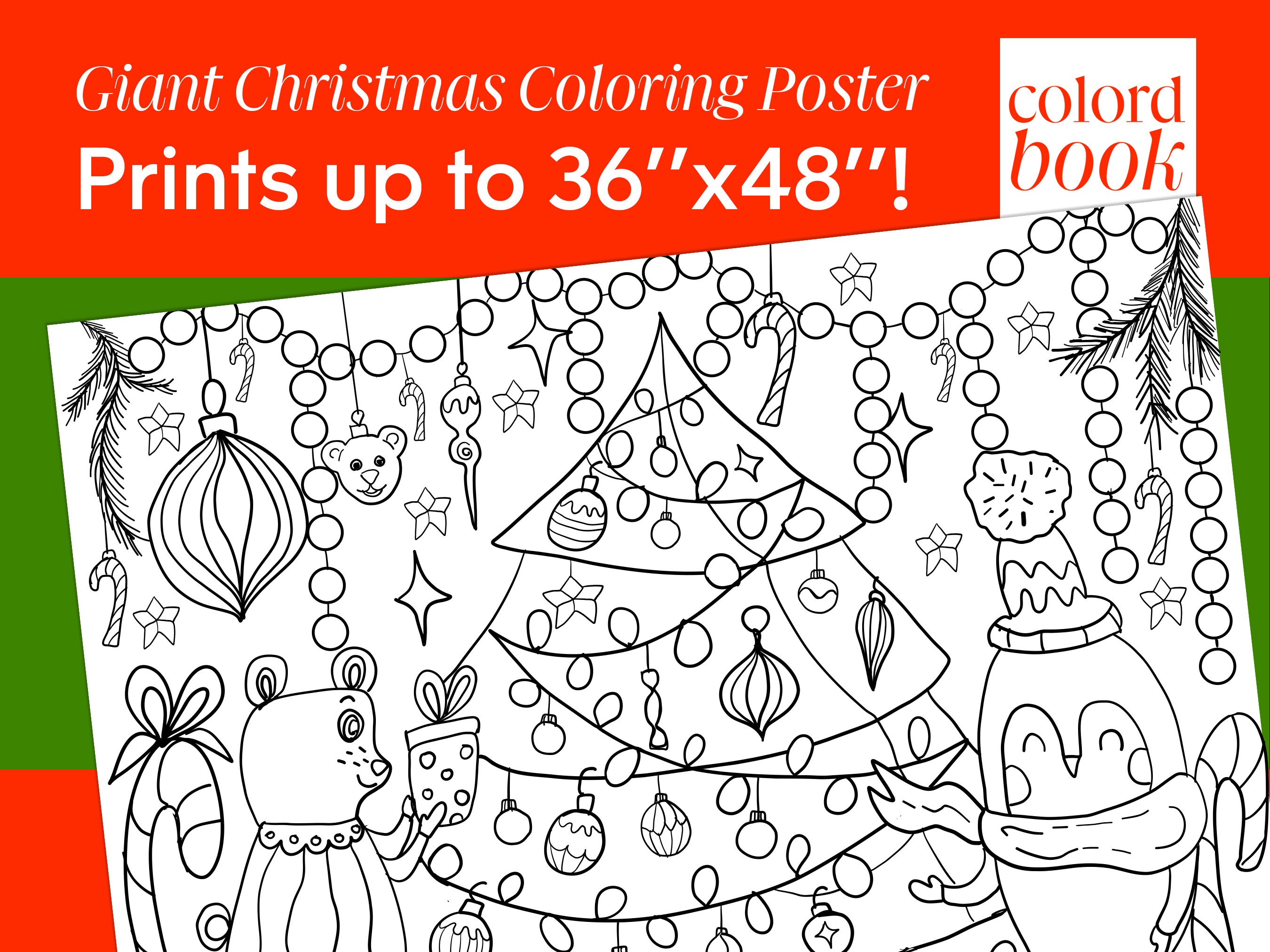 Giant christmas coloring poster holiday printables black and white large coloring pages animal characters christmas tree decorations