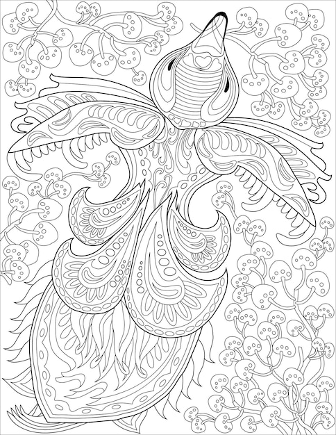 Premium vector beautiful bird with big feather tail surrounded with butterflies surrounding line drawing for coloring book