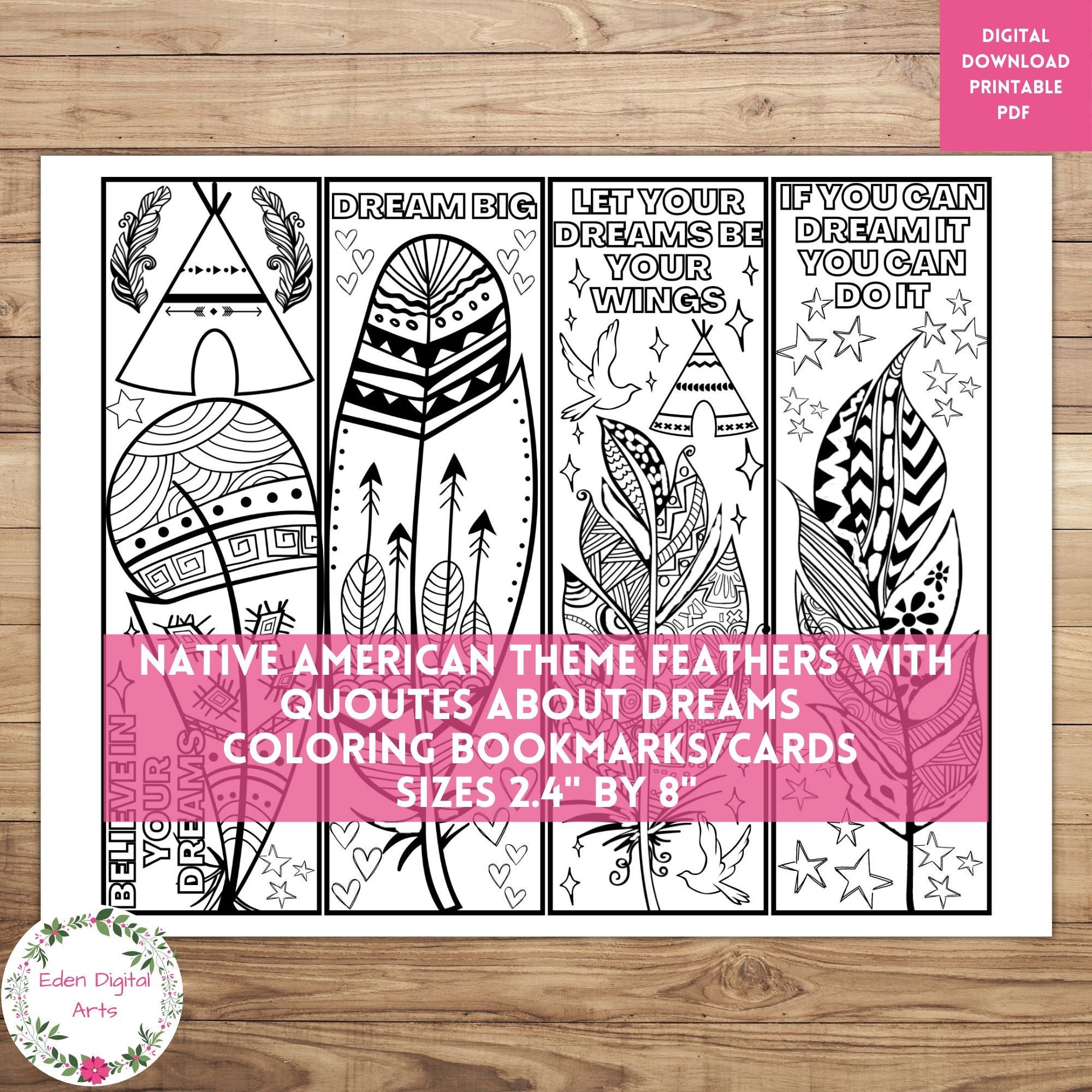Native american feathers dream quotes coloring bookmarks