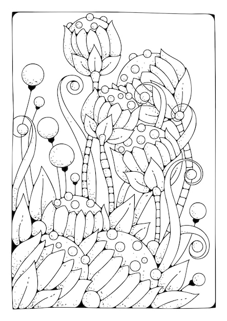 Premium vector coloring page with large flower and buds vector black and white background for coloring art therapy art line