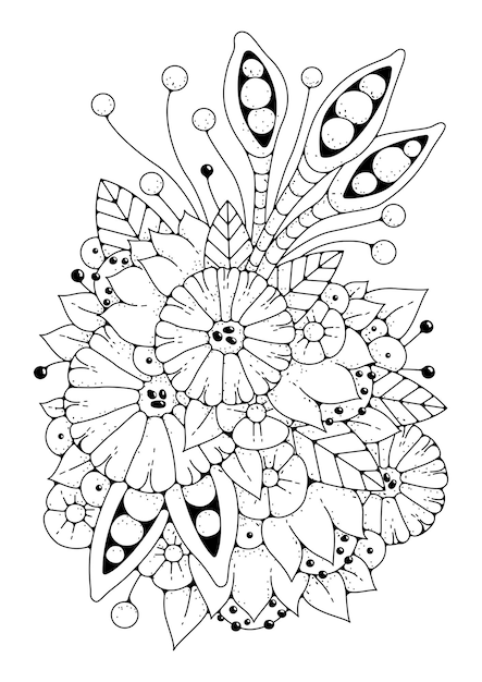 Premium vector vector illustration for coloring a magical flower garden with large round flowers and buds coloring page art therapy
