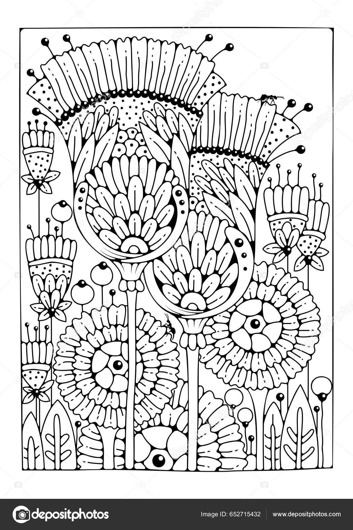 Coloring page large flower buds vector black white background coloring stock illustration by enolan