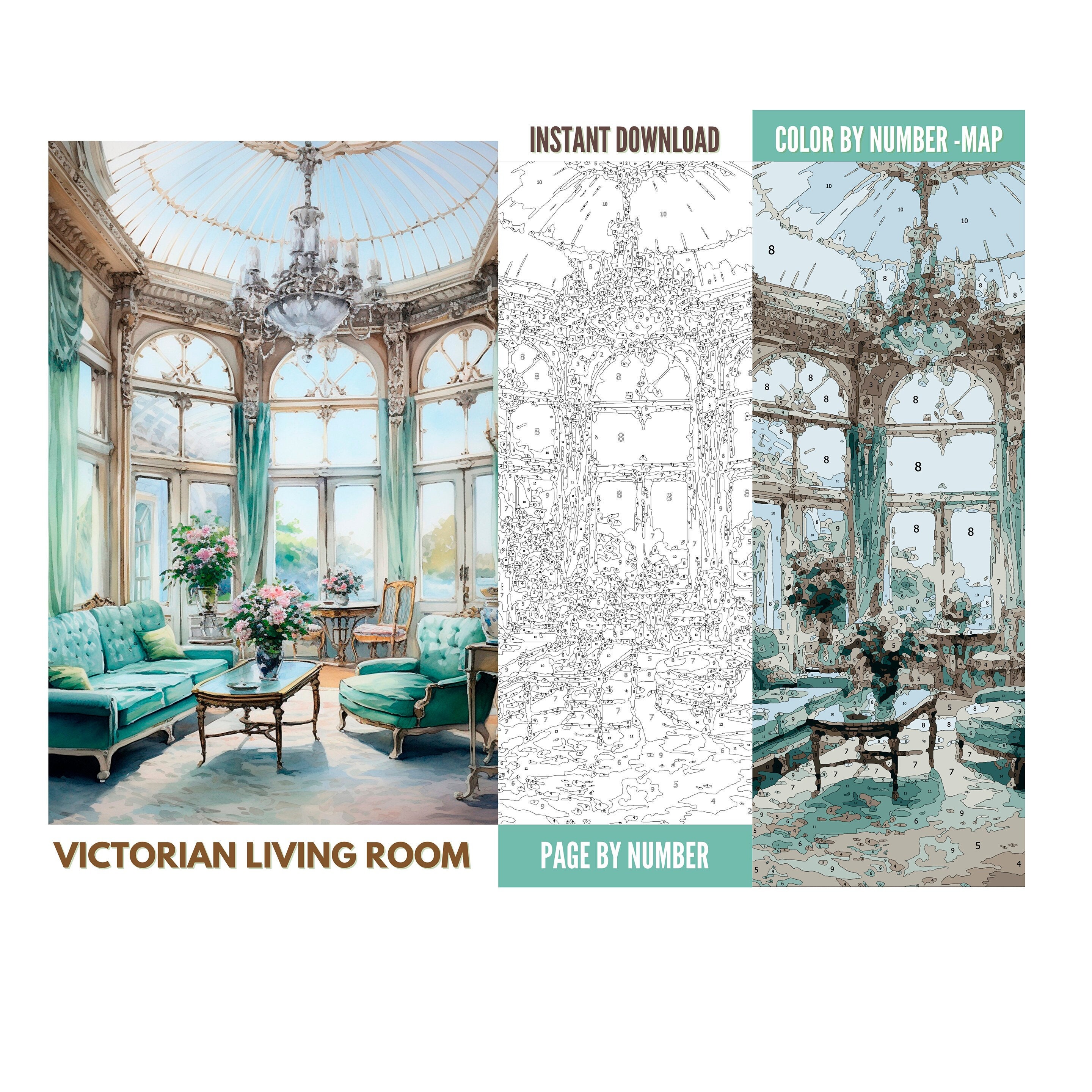 Color by number for adultpaint by number printablevictorian living roomcoloring pagessheets digital downloadadvanced detailed book download now