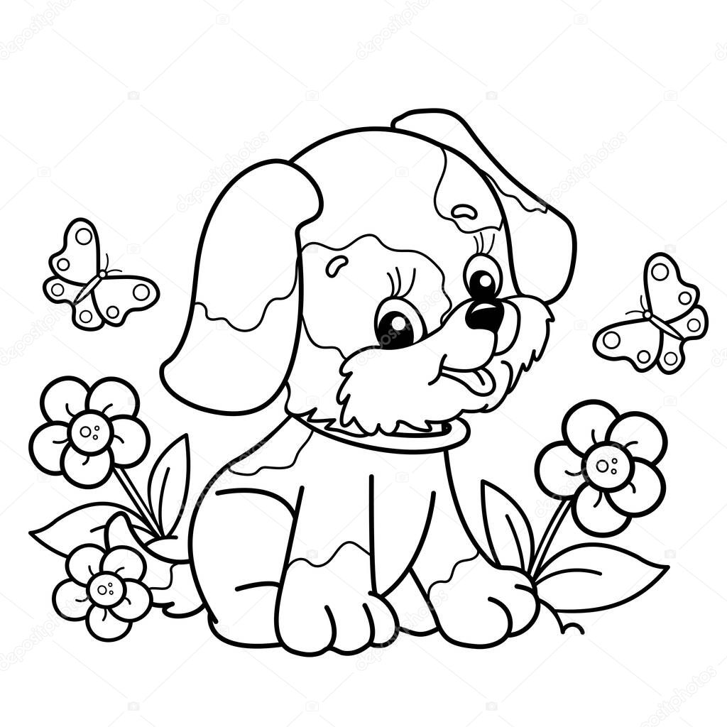 Pãgina para colorear esquema dibujos animados perrito claro flores lindo vector de stock de oleon
