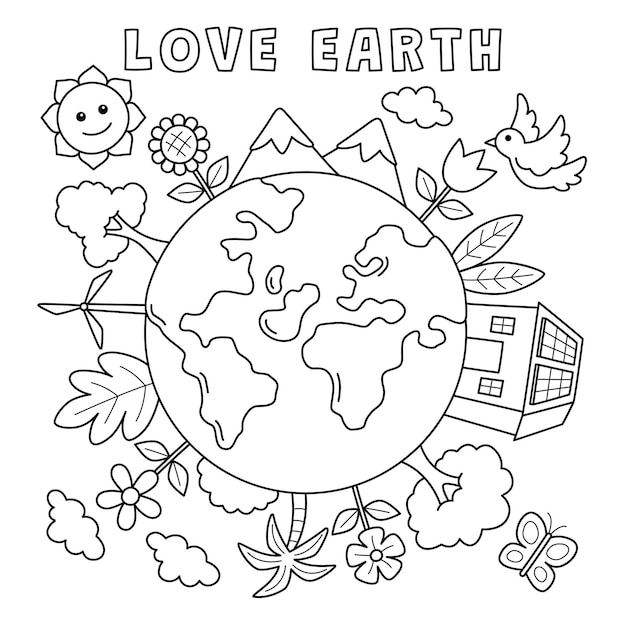 Pãgina para colorear de amor a la tierra para niãos vector premium