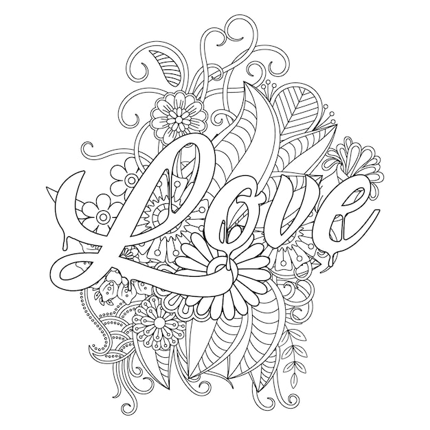 Mejor amor palabra flor mandala pãgina para colorear vector premium