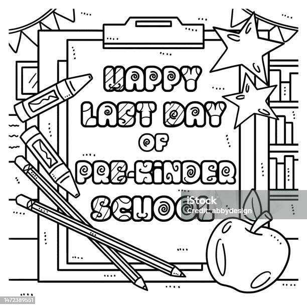 Last day of school building coloring page for kids stock illustration