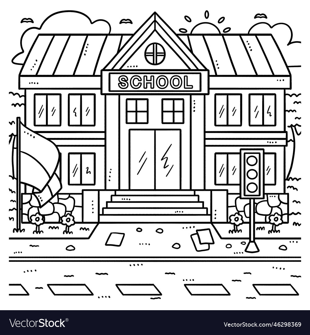 Last day of school building coloring page for kids